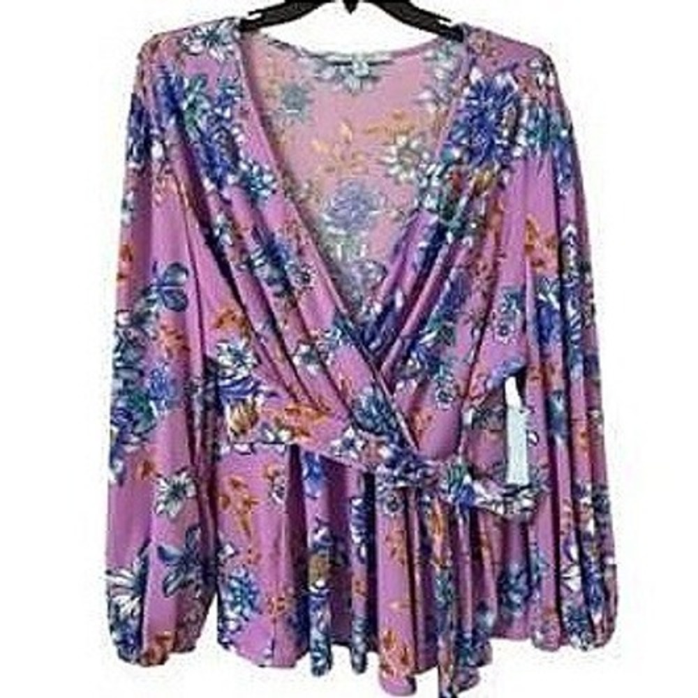Blue Sol Wrap Top Sz 3X Pink Floral Balloon Sleeve Peplum Boho